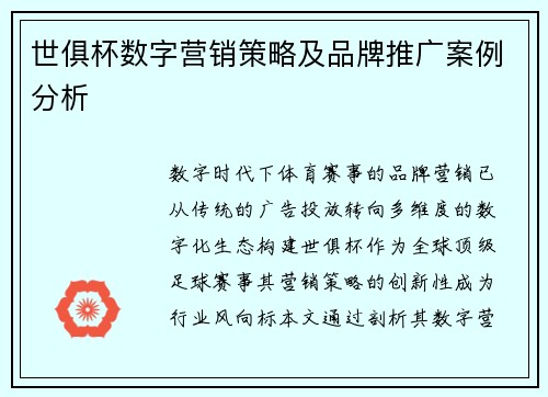 世俱杯数字营销策略及品牌推广案例分析